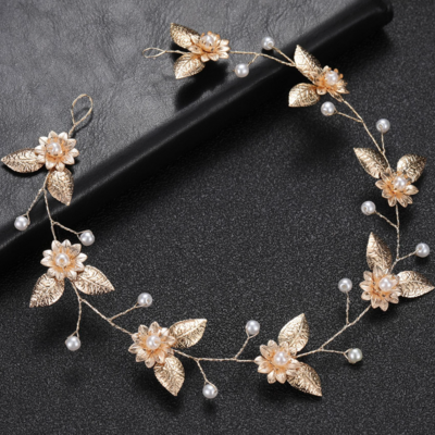 Gold flower leaf copper faux pearl wedding tiara