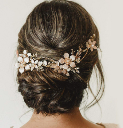 Gold Flower Rhinestone Crystal Leaf Copper Faux Pearl Wedding Hair Tiara