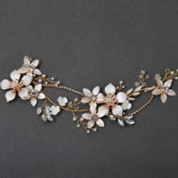 Gold Flower Rhinestone Crystal Leaf Copper Faux Pearl Wedding Hair Tiara - Thumbnail 1