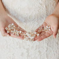 Gold Flower Rhinestone Crystal Leaf Copper Faux Pearl Wedding Hair Tiara - Thumbnail 2