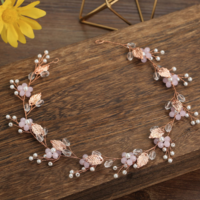 Pink Flower Rhinestone Crystal Leaf Rose Gold Wedding Hair Tiara - Thumbnail 1