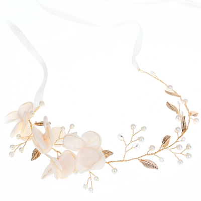 Wedding peach pink pearl flower rhinestone crystal hair pin tiara set