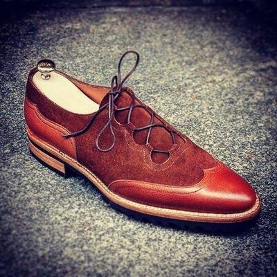 Handmade men maroon color suede leather wing tip rounded toe tan sole shoes - Thumbnail 1