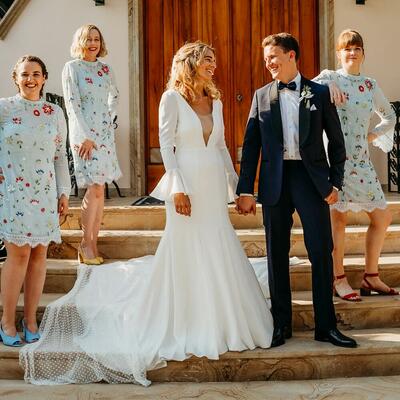 Long flare sleeves chiffon simple wedding bride dress zipper custom made open back backless mermaid v-neck soft bridal gowns