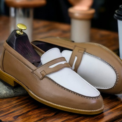 Men's fashion two tone leather penny handmade loafer shoes - Thumbnail 3