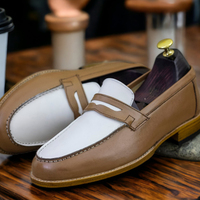 Men's Fashion Two Tone Leather Penny Handmade Loafer Shoes - Thumbnail 1