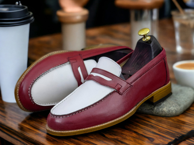 Men's Fashion Two Tone Leather Penny Handmade Loafer Shoes