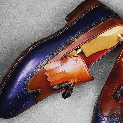 Handmade men's multi tone leather wing tip fringe tussle loafer shoes - Thumbnail 2