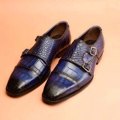 Blue double buckle handmade men's alligator print cap toe leather shoes
