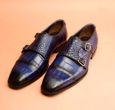 Blue Double Buckle Handmade Men's Alligator Print Cap Toe Leather Shoes