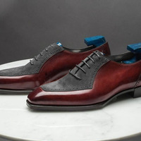 Handmade Gray Burgundy Leather Suede Shoes, Men's Square Toe Lace Up Shoes - Thumbnail 1
