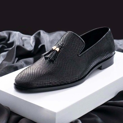 Men's black python leather handmade tassel slip on loafer shoes