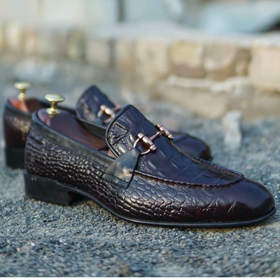 Black men's alligator print leather horse bit handmade loafer shoes - Thumbnail 1