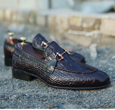 Black Men's Alligator Print Leather Horse Bit Handmade Loafer Shoes