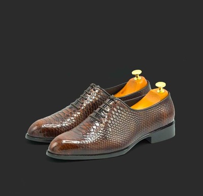 Men's Fashion Brown Python Leather Lace Up Handmade Dress Shoes