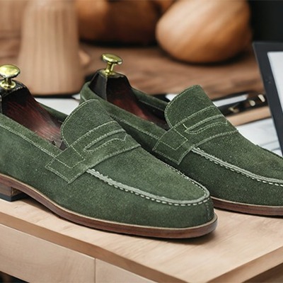 Men's green penny loafer handmade suede fashion shoes
