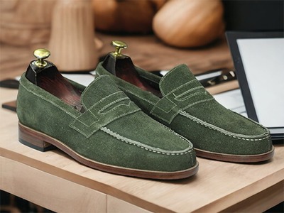 Men's Green Penny Loafer Handmade Suede Fashion Shoes