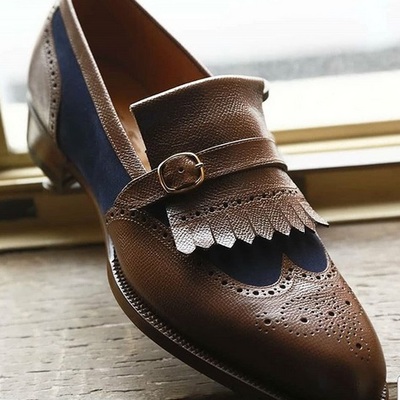 Handmade men's leather & suede wing tip brogue toe two tone fringe buckle loafer shoes - Thumbnail 2