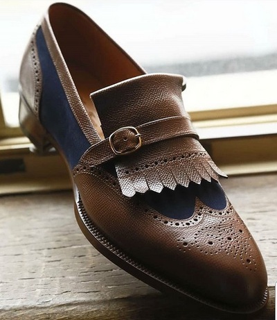 Handmade Men's Leather & Suede Wing Tip Brogue Toe Two Tone Fringe Buckle Loafer Shoes