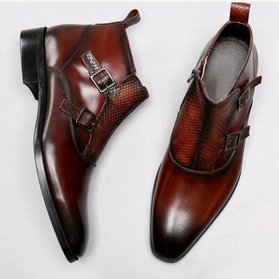 Brown handmade men's leather double monk buckle ankle boots