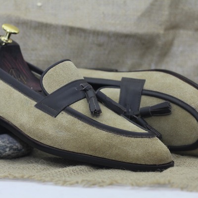 Men's fashion beige suede handmade tassle loafer shoes - Thumbnail 2