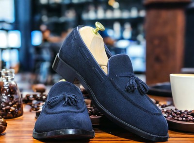 Fashion Men's Blue Suede Tussle Handmade Loafer Shoes