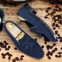 Fashion Men's Blue Suede Tussle Handmade Loafer Shoes - Thumbnail 1