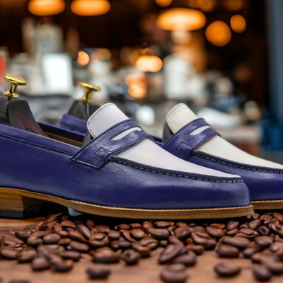 Men's fashion blue & white leather penny handmade loafer shoes