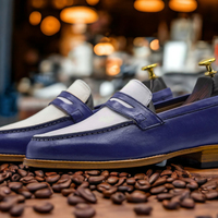 Men's Fashion Blue & White Leather Penny Handmade Loafer Shoes - Thumbnail 1