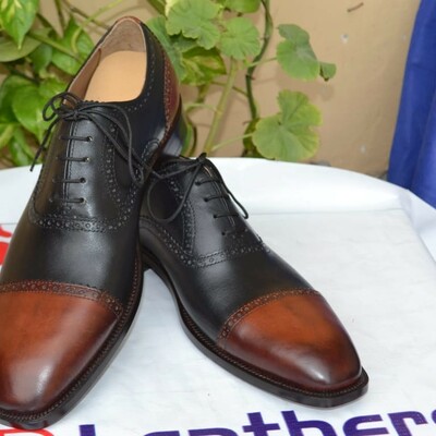 Brown dark green leather lace up oxford dress shoes