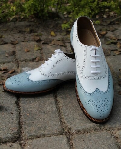 Gray White Leather Handmade Wingtip Oxford Dress Shoes
