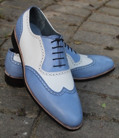 Custom Made Men's Blue White Wingtip Oxford Lace up Dress Shoes