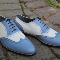 Custom Made Men's Blue White Wingtip Oxford Lace up Dress Shoes - Thumbnail 2