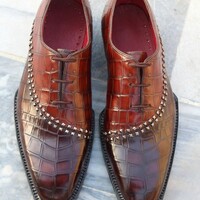 Luxury Handmade Mens Unique Brown Crocodile Texture Leather Alligator Dress Fashion Shoes - Thumbnail 1