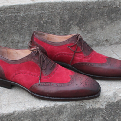 Men brown and red suede contrast wingtip dress oxford shoes