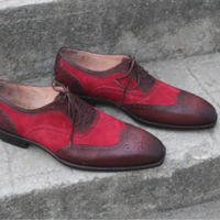 Men Brown and Red Suede Contrast Wingtip Dress Oxford Shoes - Thumbnail 1