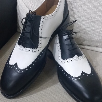 Black white calf leather wingtip oxford lace up dress shoes