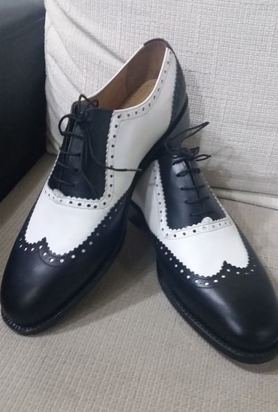 Black White Calf Leather Wingtip Oxford Lace up Dress Shoes