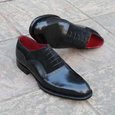 Black calf and black suede classic men dress lace up oxford shoes
