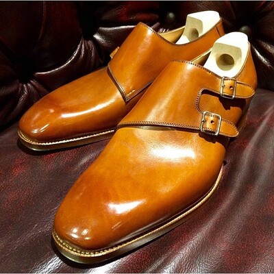 Handmasde Brown Double Buckle Monk Strap Dress Shoes
