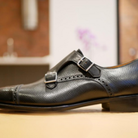 Black Hatch Grain Cordovan Double Monk Strap Shoes - Thumbnail 1