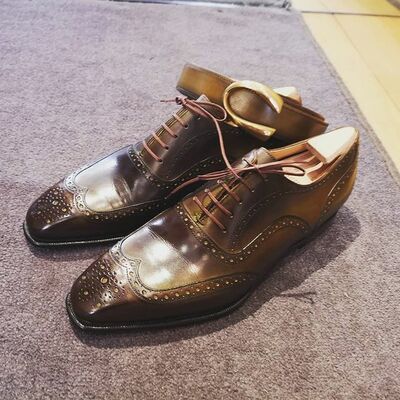 Handmade Brown Patina Oxford Wingtip Dress Shoes with Matching Belt