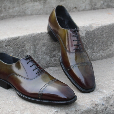 Handmade green leather dress lace up oxford men's shoes