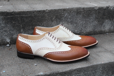 Brown Beige Leather Classic Oxford Wingtip Dress Shoes