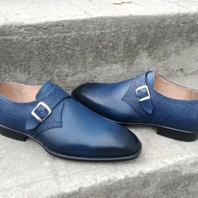 Handmade genuine leather  blue stingray monk strap dress shoes