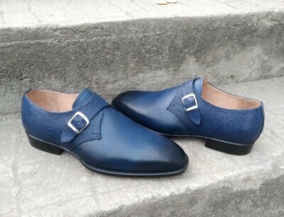 Handmade Genuine Leather  Blue Stingray Monk Strap Dress Shoes