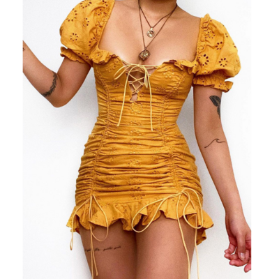 Temperament solid color flower short sleeve dress