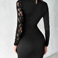 Lace Splicing Black Tight Long Sleeve Dress - Thumbnail 2