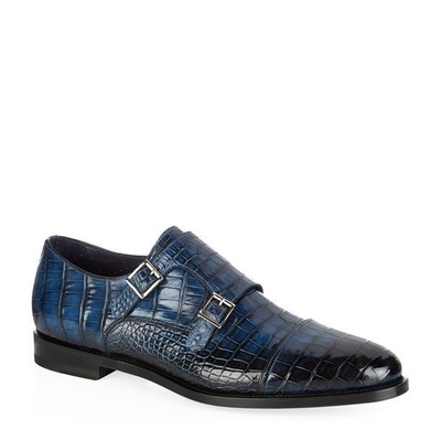 Blue double buckle handmade men's alligator print leather shoes