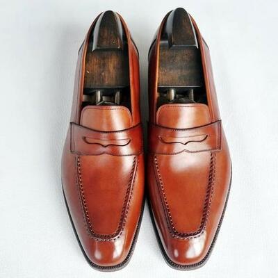 Brown leather fashion handmade men's penny loafer shoes